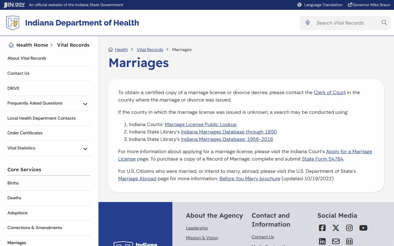 Pike County marriage records Indiana Department of Health certified copy guidance